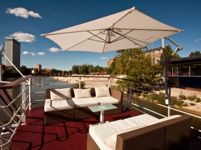 an umbrella sitting on top of a table