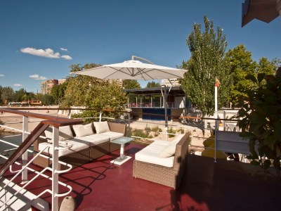 an umbrella sitting on top of a table