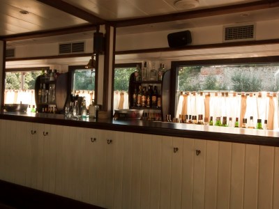 a kitchen with a large window